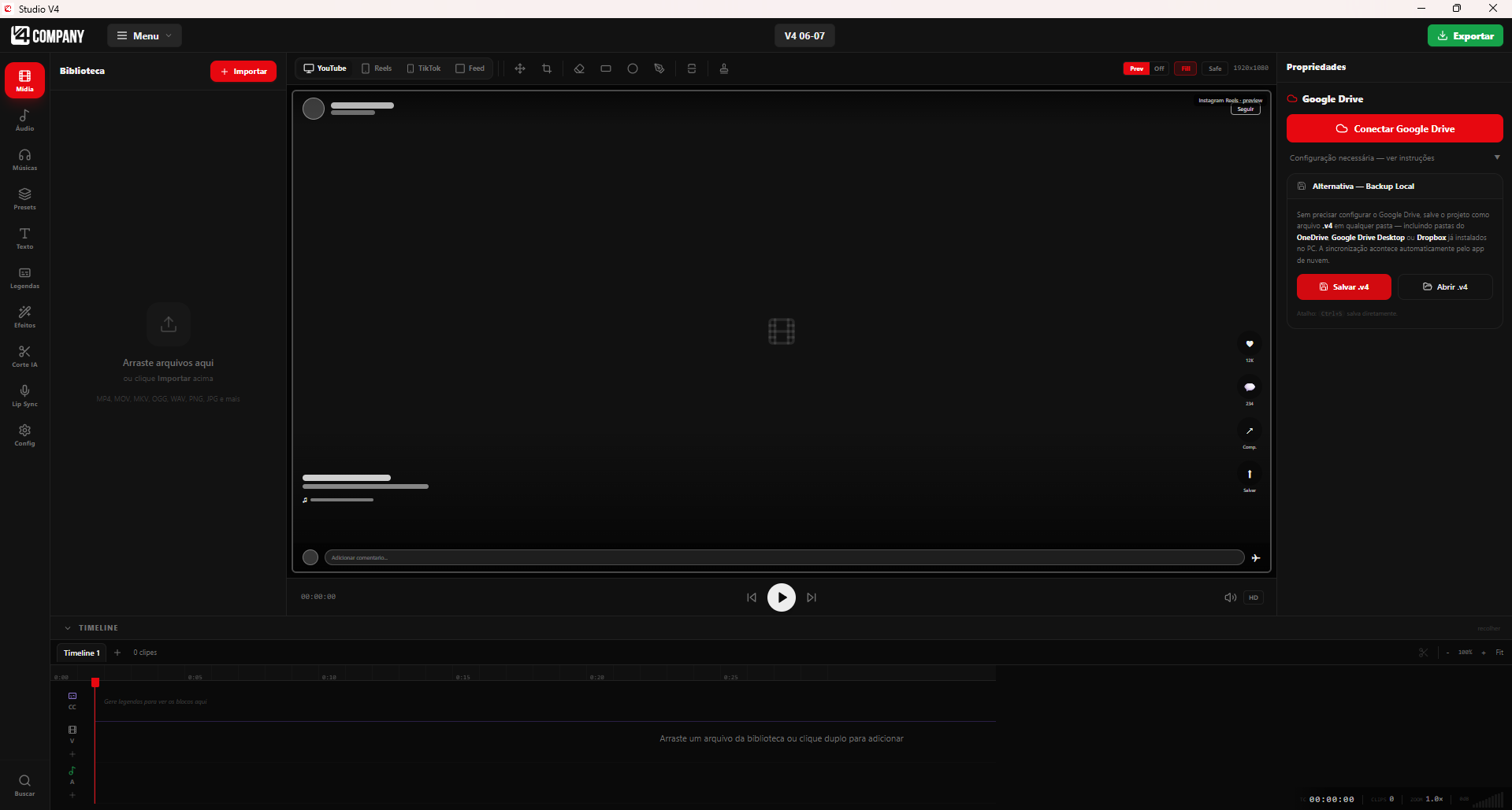 Studio V4 — tela inicial com projetos recentes